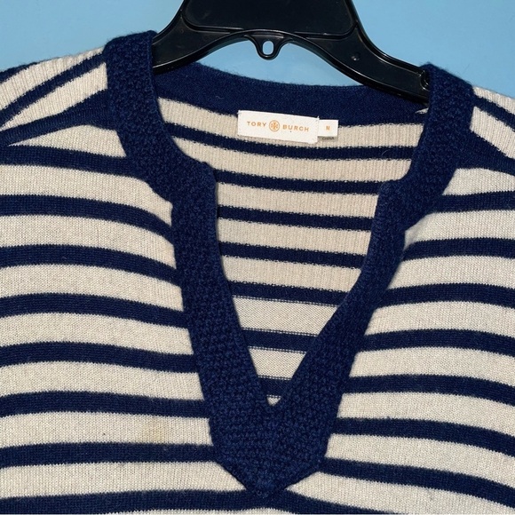 Tory Burch Striped Split Neck Cashmere Lizzie Tunic Sweater Size Medium - Picture 2 of 9